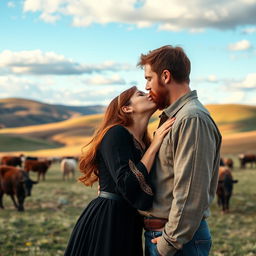 A dark auburn-haired woman in a pioneer-style long-sleeved dress kissing a very tall brown-haired man