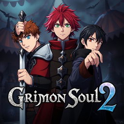 An anime cover titled "Grimon Soul 2" featuring a dark fantasy theme with three serious 16-year-old boys