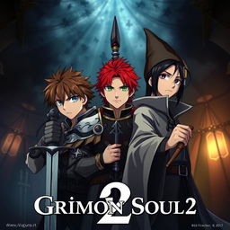 An anime cover titled "Grimon Soul 2" featuring a dark fantasy theme with three serious 16-year-old boys