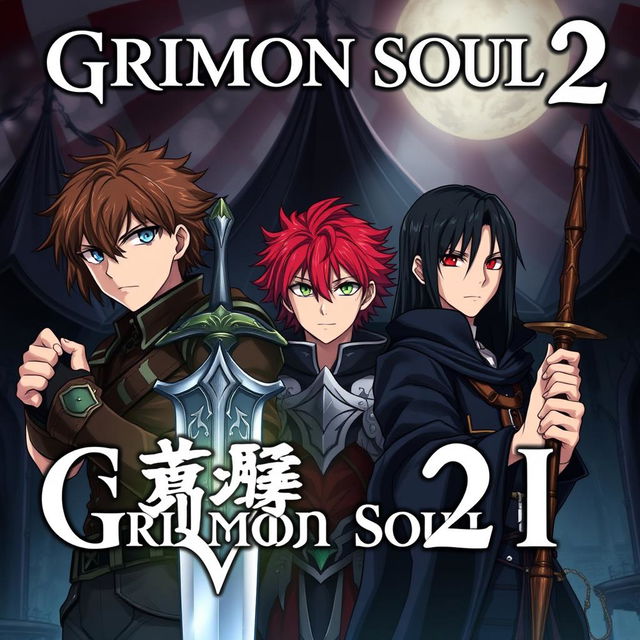 An anime cover titled "Grimon Soul 2" featuring a dark fantasy theme with three serious 16-year-old boys