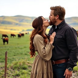 A dark auburn-haired woman dressed in a pioneer-style long-sleeved dress kisses a very tall brown-haired man