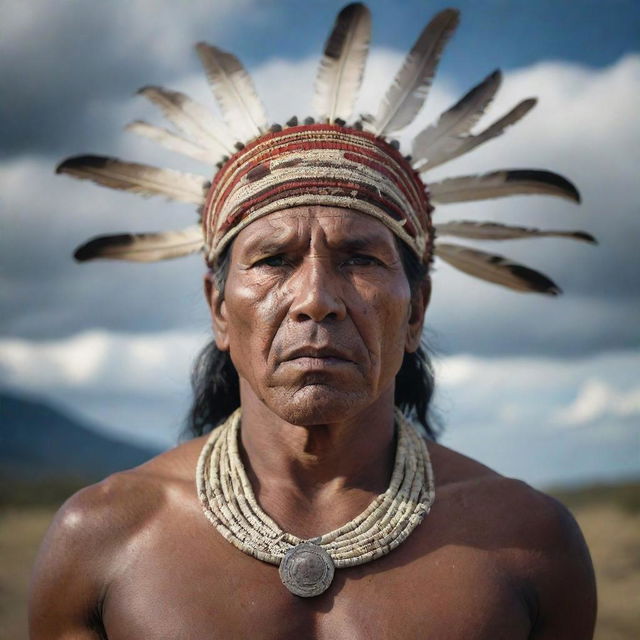 An imposing image of an indigenous man fashioned like a story's antagonist. He broods with mystique and power, his traditional attire further enhancing his formidable presence.