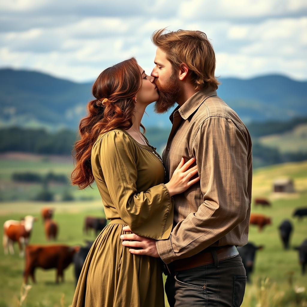 A dark auburn-haired woman dressed in a pioneer-style long-sleeved dress kisses a very tall brown-haired man