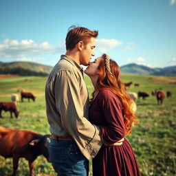 A dark auburn-haired woman dressed in a pioneer-style long-sleeved dress kisses a very tall brown-haired man