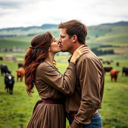 A dark auburn-haired woman dressed in a pioneer-style long-sleeved dress kisses a very tall brown-haired man