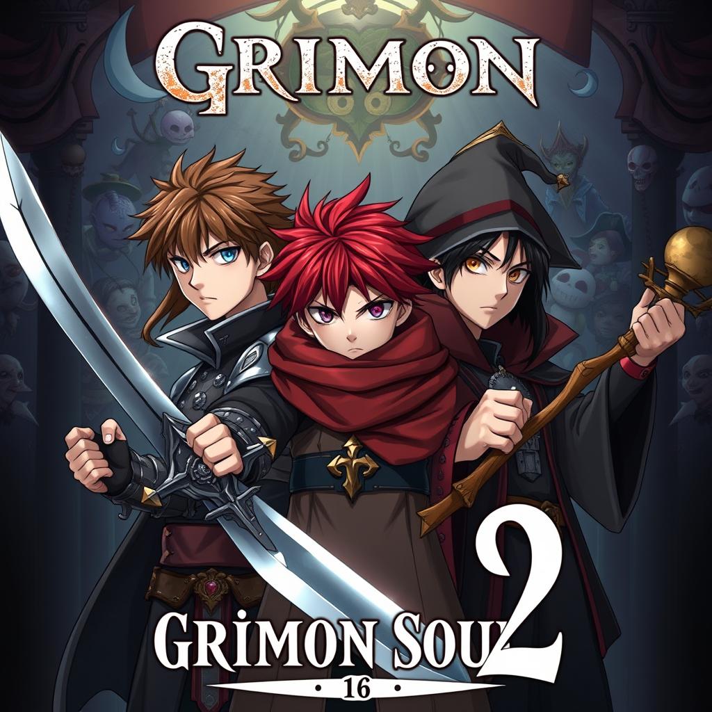 Dark fantasy anime cover titled "Grimon Soul 2", featuring three serious 16-year-old boys: a warrior with brown hair and blue eyes holding a sword in his right hand, a paladin with red hair and green eyes wielding a metal spear in his left hand, and a wizard with black hair and brown eyes holding a wooden wand