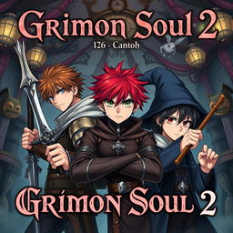 Dark fantasy anime cover titled "Grimon Soul 2", featuring three serious 16-year-old boys: a warrior with brown hair and blue eyes holding a sword in his right hand, a paladin with red hair and green eyes wielding a metal spear in his left hand, and a wizard with black hair and brown eyes holding a wooden wand