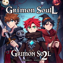 Dark fantasy anime cover titled "Grimon Soul 2", featuring three serious 16-year-old boys: a warrior with brown hair and blue eyes holding a sword in his right hand, a paladin with red hair and green eyes wielding a metal spear in his left hand, and a wizard with black hair and brown eyes holding a wooden wand