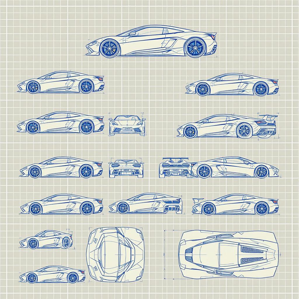 A comprehensive collection of 50 different blueprint sketches of a supercar, featuring multiple angles including front, left side, right side, back, top, and bottom views