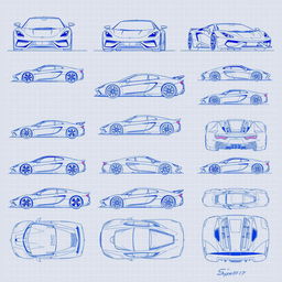 A comprehensive collection of 50 different blueprint sketches of a supercar, featuring multiple angles including front, left side, right side, back, top, and bottom views