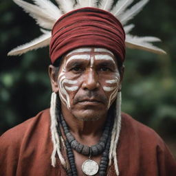 An imposing image of an indigenous man fashioned like a story's antagonist. He broods with mystique and power, his traditional attire further enhancing his formidable presence.