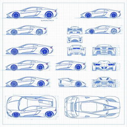 A comprehensive collection of 50 different blueprint sketches of a supercar, featuring multiple angles including front, left side, right side, back, top, and bottom views