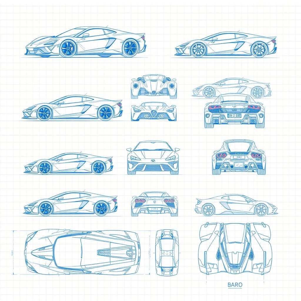 A comprehensive collection of 50 different blueprint sketches of a supercar, featuring multiple angles including front, left side, right side, back, top, and bottom views