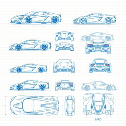 A comprehensive collection of 50 different blueprint sketches of a supercar, featuring multiple angles including front, left side, right side, back, top, and bottom views