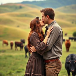 A dark auburn-haired woman wearing a long-sleeved pioneer-style dress is romantically kissing a very tall brown-haired man