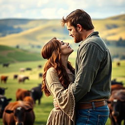 A dark auburn-haired woman wearing a long-sleeved pioneer-style dress is romantically kissing a very tall brown-haired man