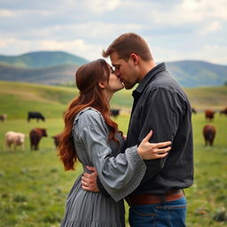 A dark auburn-haired woman wearing a long-sleeved pioneer-style dress is romantically kissing a very tall brown-haired man