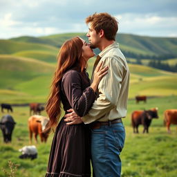 A dark auburn-haired woman wearing a long-sleeved pioneer-style dress is romantically kissing a very tall brown-haired man