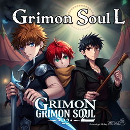 Dark fantasy anime cover titled "Grimon Soul 2" featuring three serious-looking 16-year-old boys