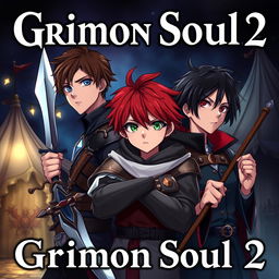 Dark fantasy anime cover titled "Grimon Soul 2" featuring three serious-looking 16-year-old boys