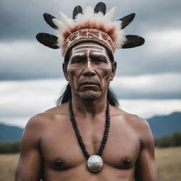 An imposing image of an indigenous man fashioned like a story's antagonist. He broods with mystique and power, his traditional attire further enhancing his formidable presence.