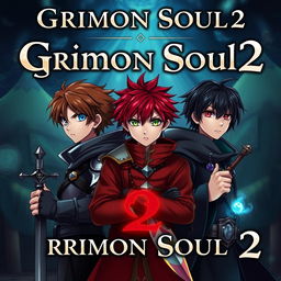 Dark fantasy anime cover titled "Grimon Soul 2" featuring three serious-looking 16-year-old boys