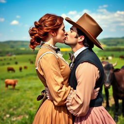 A dark auburn-haired woman and a tall brown-haired man are dressed in elegant 1880s clothing, sharing a romantic kiss