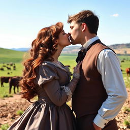 A dark auburn-haired woman and a tall brown-haired man are dressed in elegant 1880s clothing, sharing a romantic kiss