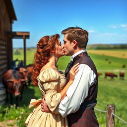 A dark auburn-haired woman and a tall brown-haired man are dressed in elegant 1880s clothing, sharing a romantic kiss