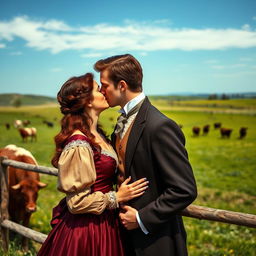 A dark auburn-haired woman and a tall brown-haired man are dressed in elegant 1880s clothing, sharing a romantic kiss