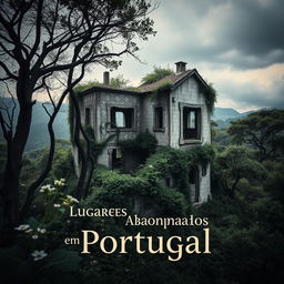 A visually striking book cover designed for a real book about abandoned places in Portugal, featuring a haunting and atmospheric image of a crumbling, overgrown building nestled in a dense forest