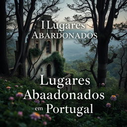 A visually striking book cover designed for a real book about abandoned places in Portugal, featuring a haunting and atmospheric image of a crumbling, overgrown building nestled in a dense forest