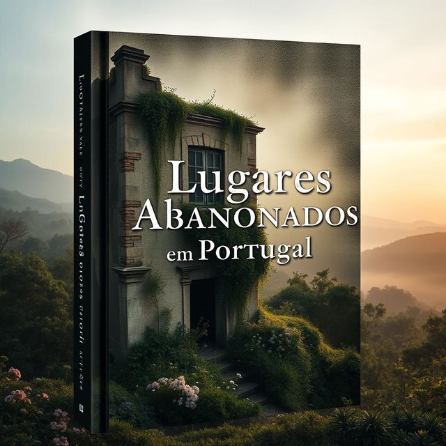 A visually striking book cover designed for a real book about abandoned places in Portugal, featuring a haunting and atmospheric image of a crumbling, overgrown building nestled in a dense forest