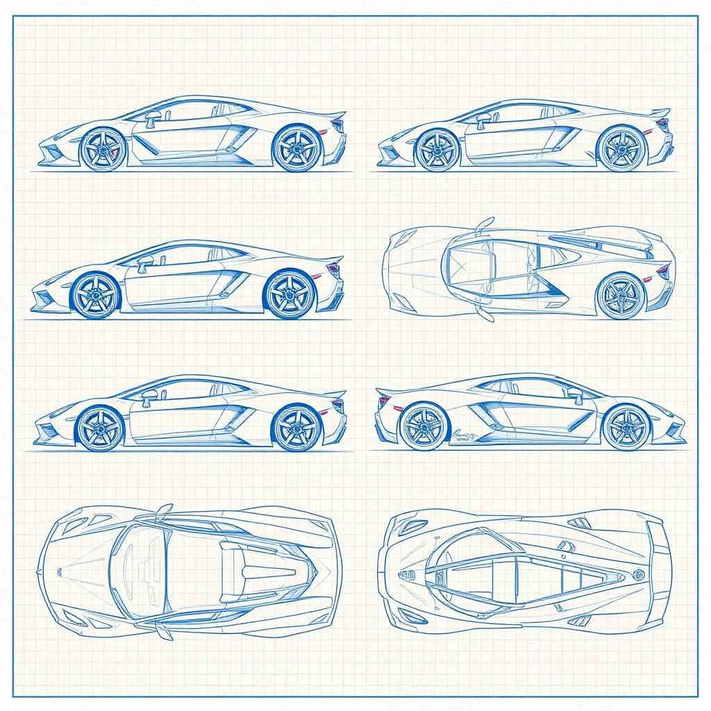 A series of 50 blueprint sketches of a supercar, each displaying various angles such as front, left side, right side, back, top, and bottom views