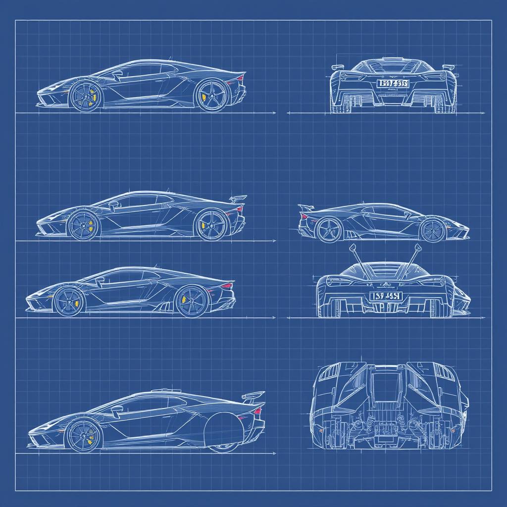 A series of 50 blueprint sketches of a supercar, each displaying various angles such as front, left side, right side, back, top, and bottom views