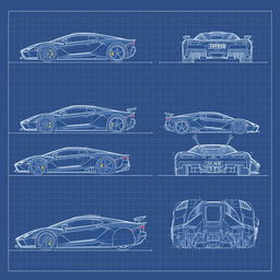 A series of 50 blueprint sketches of a supercar, each displaying various angles such as front, left side, right side, back, top, and bottom views