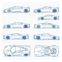 A series of 50 blueprint sketches of a supercar, each displaying various angles such as front, left side, right side, back, top, and bottom views