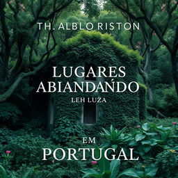 Uma capa de livro visualmente impressionante, projetada para um livro real sobre lugares abandonados em Portugal, apresentando uma imagem atmosférica de um edifício em ruínas coberto de vegetação densa, aninhado em uma floresta exuberante