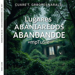 Uma capa de livro visualmente impressionante, projetada para um livro real sobre lugares abandonados em Portugal, apresentando uma imagem atmosférica de um edifício em ruínas coberto de vegetação densa, aninhado em uma floresta exuberante