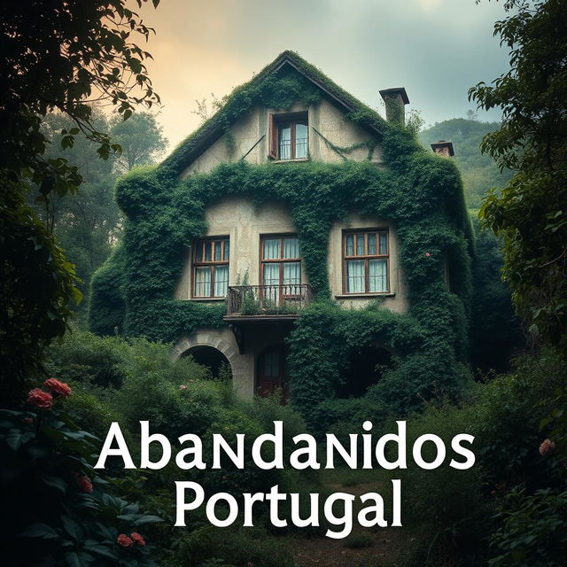 Uma capa de livro visualmente impressionante, projetada para um livro real sobre lugares abandonados em Portugal, apresentando uma imagem atmosférica de um edifício em ruínas coberto de vegetação densa, aninhado em uma floresta exuberante