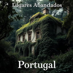 Uma capa de livro visualmente impressionante, projetada para um livro real sobre lugares abandonados em Portugal, apresentando uma imagem atmosférica de um edifício em ruínas coberto de vegetação densa, aninhado em uma floresta exuberante