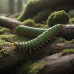 A detailed, realistic centipede, defined by its segmented body gleaming under sunlight, scuttling swiftly across an intriguing terrain of moss-covered logs.