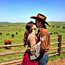 A dark auburn-haired woman in a long-sleeved pioneer dress is kissing a very tall brown-haired young cowboy