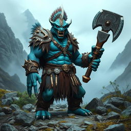 A fierce Kobald barbarian standing confidently in a rugged wilderness landscape, wearing tribal leather armor adorned with bones and feathers