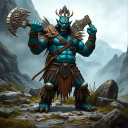 A fierce Kobald barbarian standing confidently in a rugged wilderness landscape, wearing tribal leather armor adorned with bones and feathers