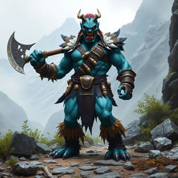 A fierce Kobald barbarian standing confidently in a rugged wilderness landscape, wearing tribal leather armor adorned with bones and feathers