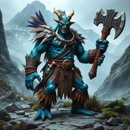 A fierce Kobald barbarian standing confidently in a rugged wilderness landscape, wearing tribal leather armor adorned with bones and feathers