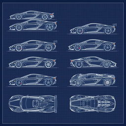 A comprehensive collection of 50 blueprint sketches of a supercar, showcasing a range of angles: front, left side, right side, back, top, and bottom views