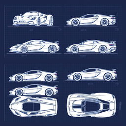 A comprehensive collection of 50 blueprint sketches of a supercar, showcasing a range of angles: front, left side, right side, back, top, and bottom views