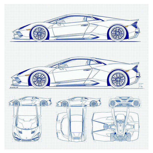 A comprehensive collection of 50 blueprint sketches of a supercar, showcasing a range of angles: front, left side, right side, back, top, and bottom views